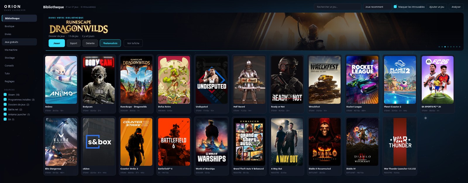 La bibliothèque d'ORION : une bannière met en avant un jeu de la collection, au-dessus de la grille de jaquettes de tous les jeux installés, toutes plateformes confondues.