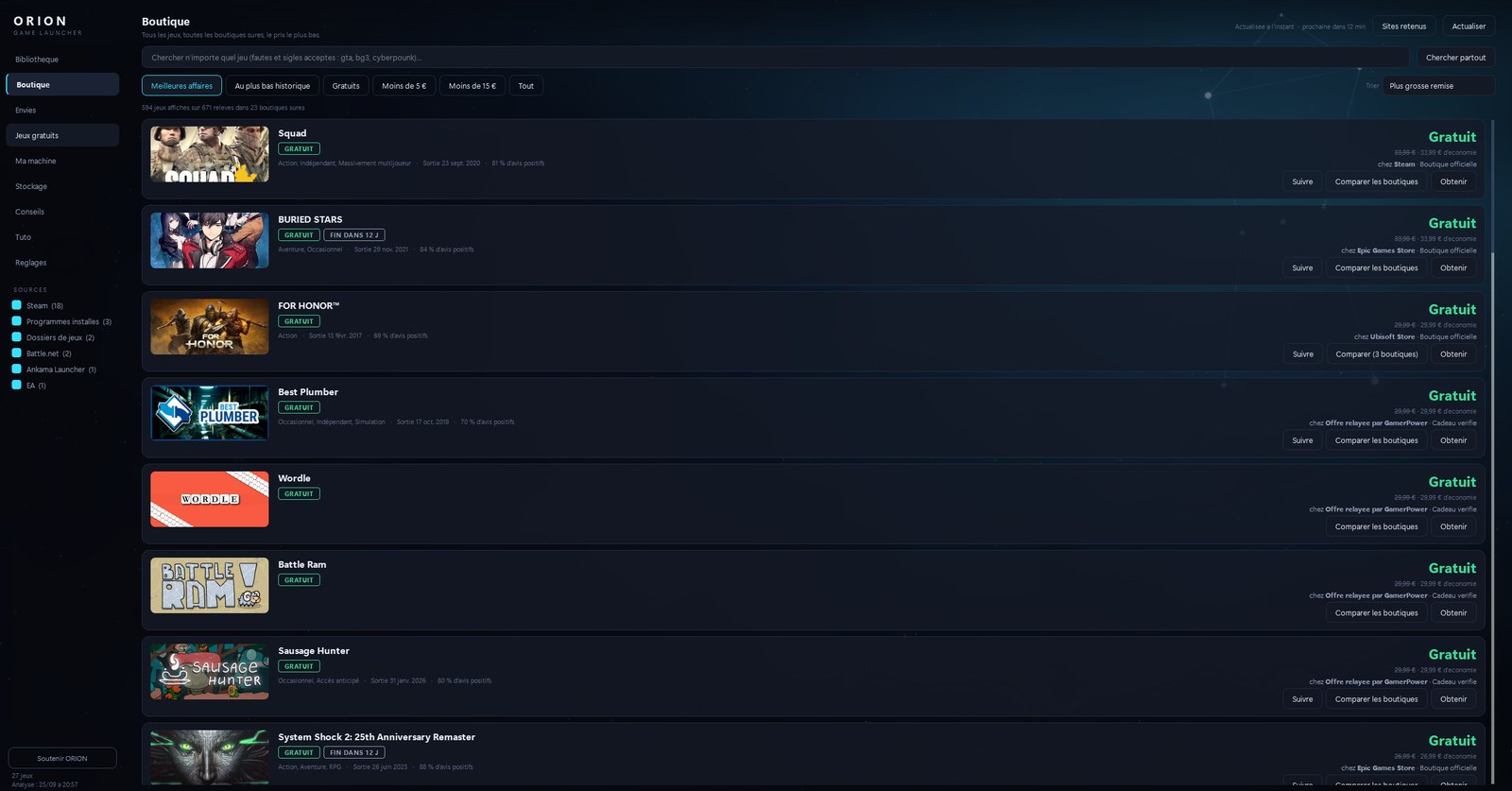 Boutique : liste de jeux avec visuel, remise, meilleur prix, boutique et niveau de confiance, filtres et recherche.