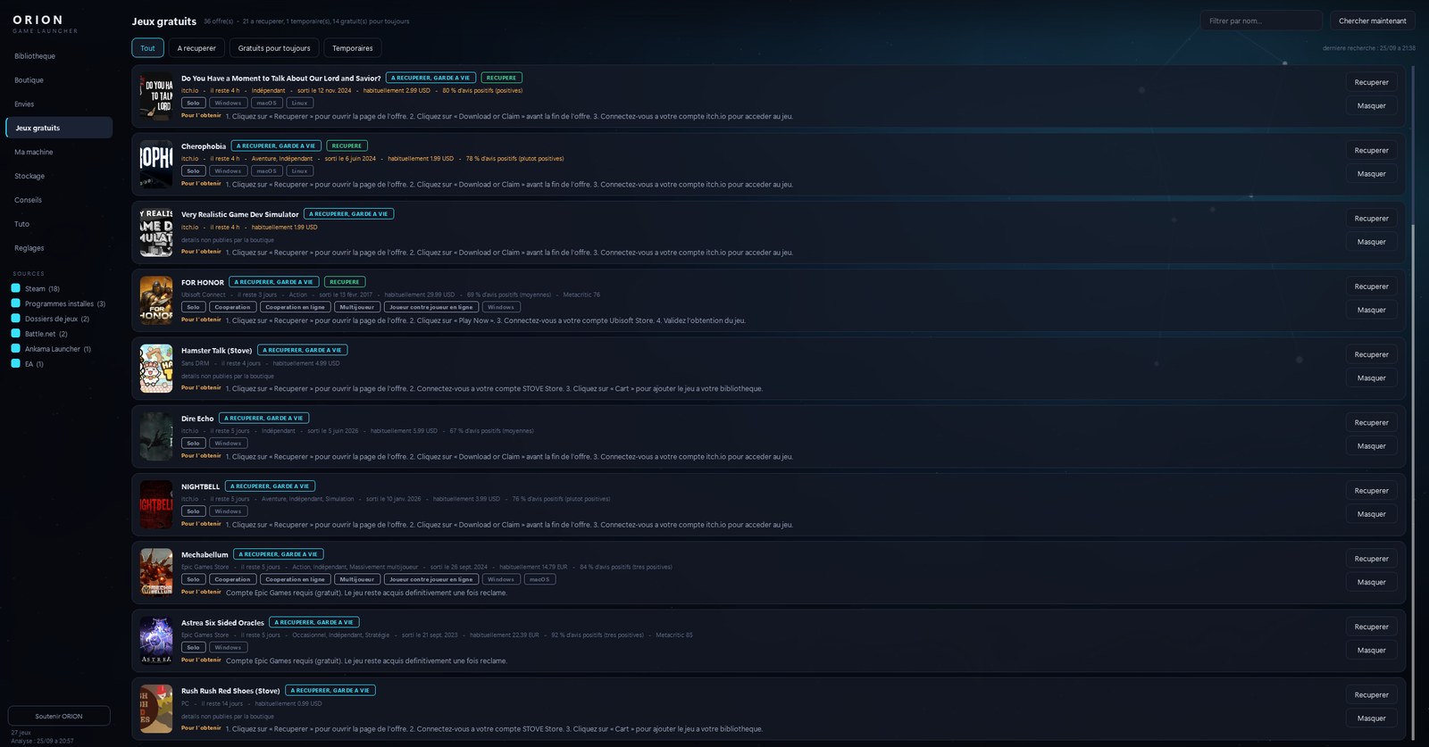Liste des jeux gratuits avec la nature de l'offre, le compte à rebours, les conditions d'obtention et des photos du jeu.